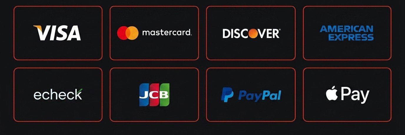 Accepted payment methods: Visa, Mastercard, Discover, American Express, eCheck, JCB, PayPal, Apple Pay