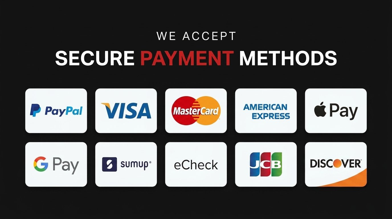 Accepted payment methods: Visa, Mastercard, Discover, American Express, eCheck, JCB, PayPal, Apple Pay